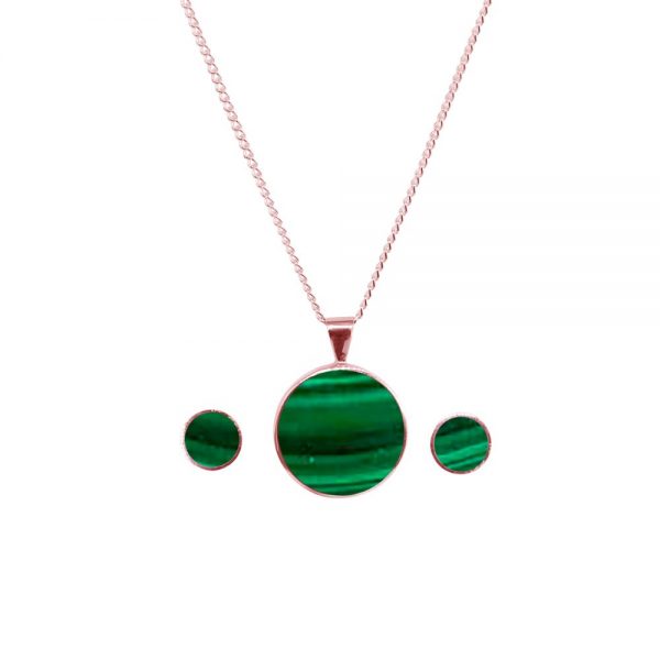 Rose Gold Malachite Round Pendant and Earring Set