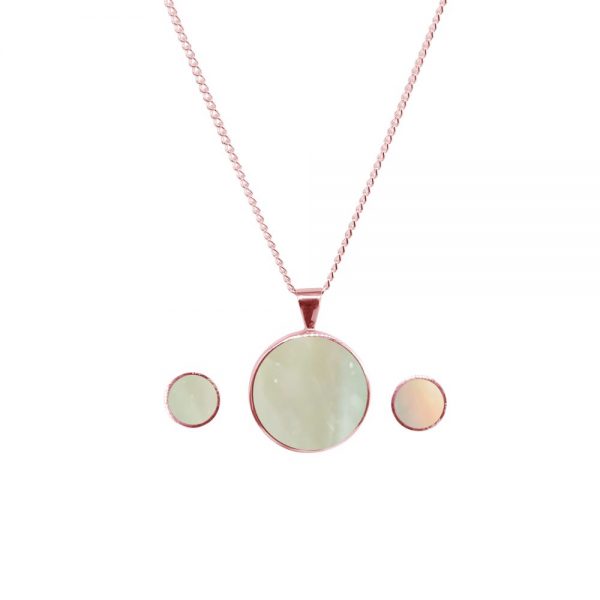 Rose Gold Mother of Pearl Round Pendant and Earring Set
