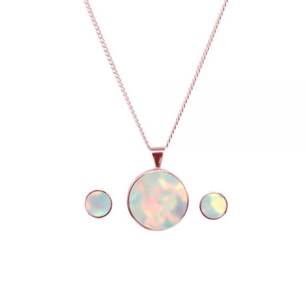 Rose Gold Opalite Sun Ice Round Pendant and Earring Set