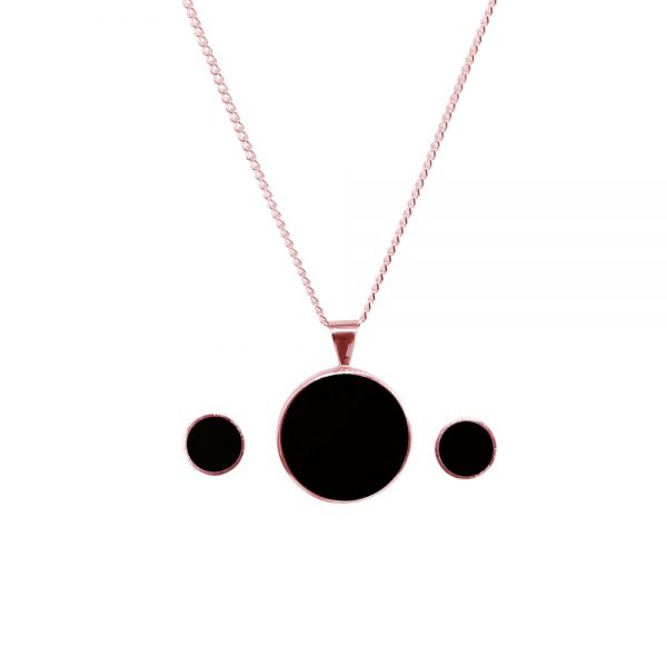 Rose Gold Whitby Jet Round Pendant and Earring Set