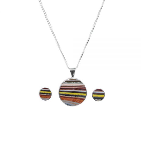 Silver Fordite Round Pendant and Earring Set