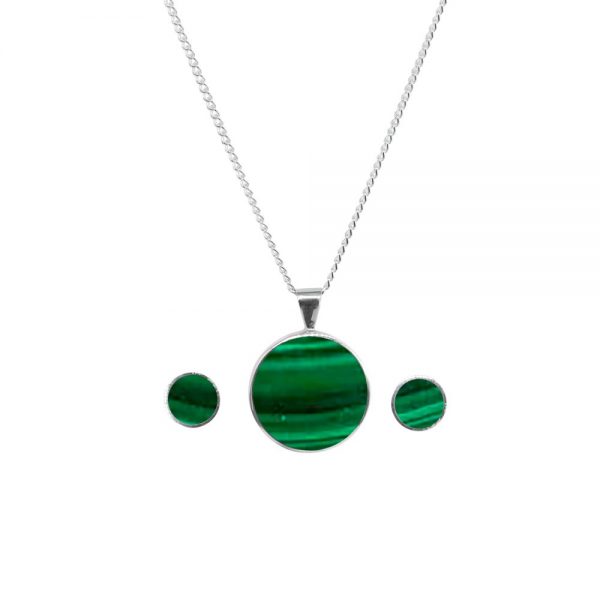 Silver Malachite Round Pendant and Earring Set