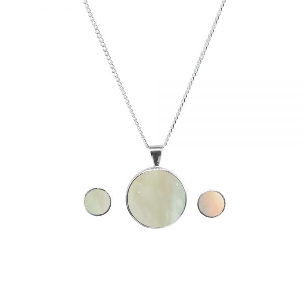 Silver Mother of Pearl Round Pendant and Earring Set