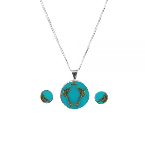 Silver Turquoise Round Pendant and Earring Set