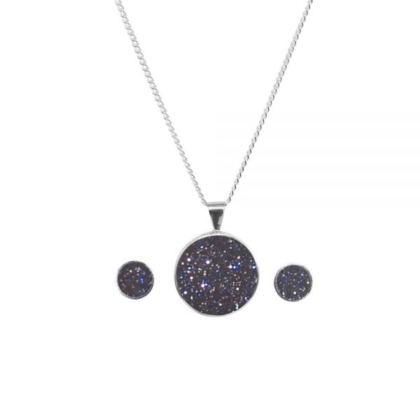White Gold Blue Goldstone Round Pendant and Earring Set