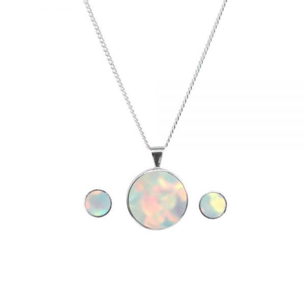 White Gold Opalite Sun Ice Round Pendant and Earring Set