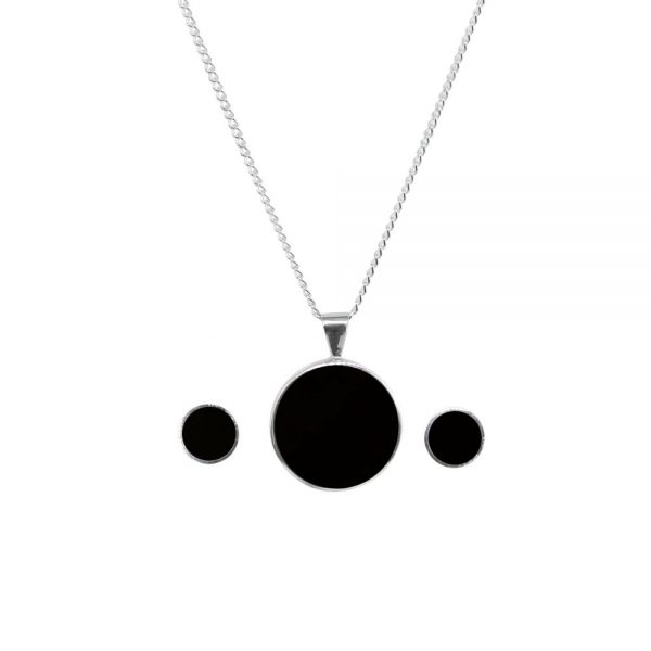 White Gold Whitby Jet Round Pendant and Earring Set