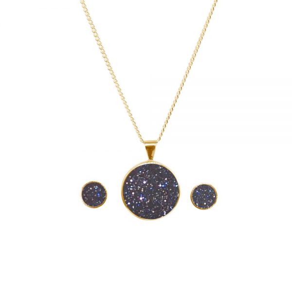 Yellow Gold Blue Goldstone Round Pendant and Earring Set