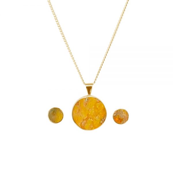 Yellow Gold Bumblebee Jasper Round Pendant and Earring Set