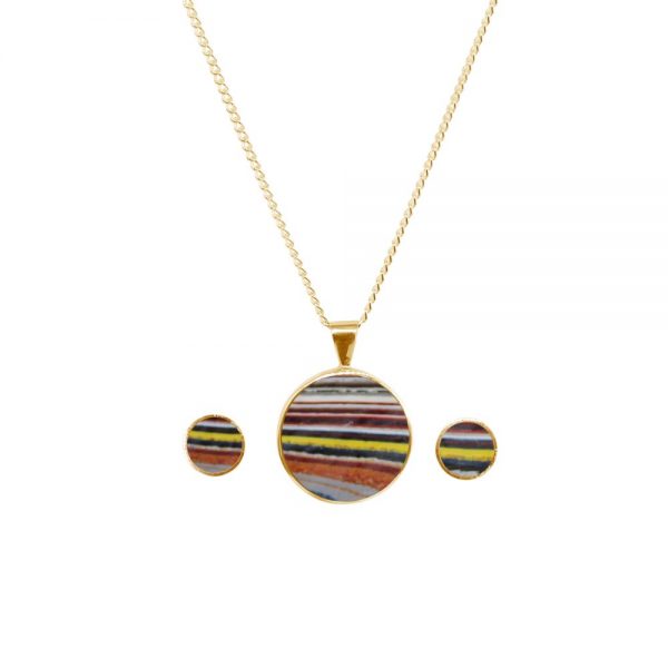 Yellow Gold Fordite Round Pendant and Earring Set