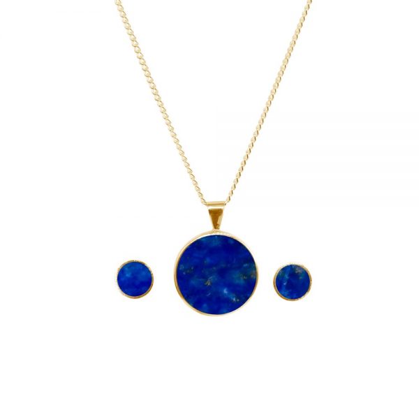 Yellow Gold Lapis Round Pendant and Earring Set