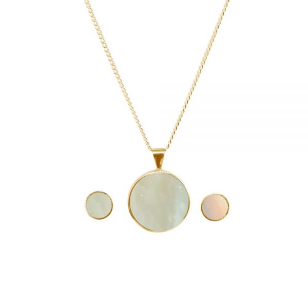 Yellow Gold Mother of Pearl Round Pendant and Earring Set