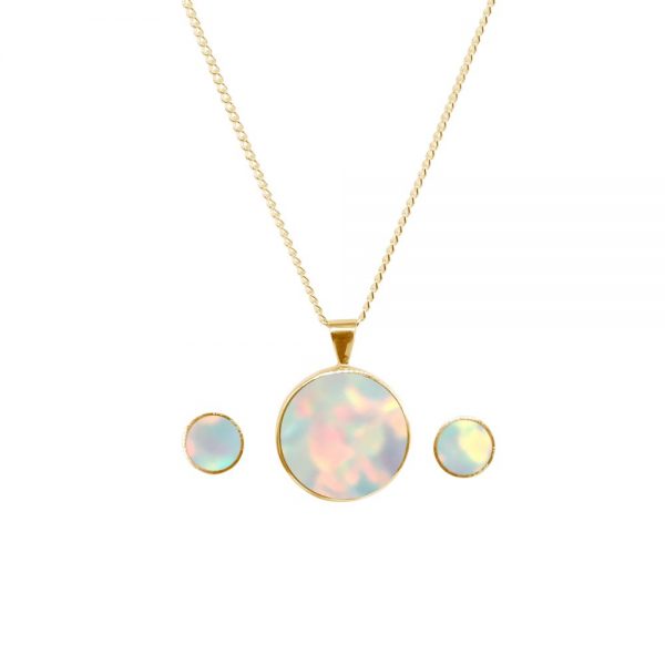 Yellow Gold Opalite Sun Ice Round Pendant and Earring Set
