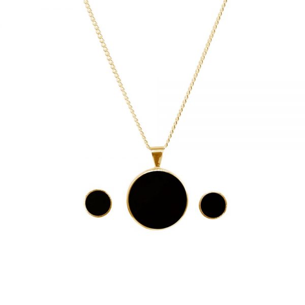 Yellow Gold Whitby Jet Round Pendant and Earring Set