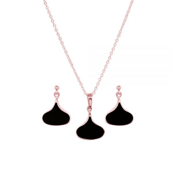 Rose Gold Whitby Jet Pendant and Earring Set