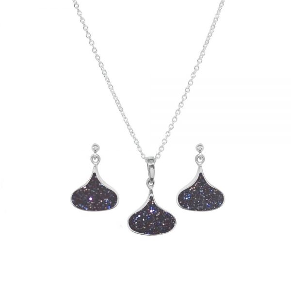 Silver Blue Goldstone Pendant and Earring Set