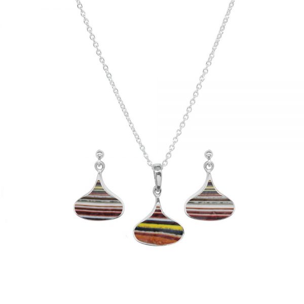 Silver Fordite Pendant and Earring Set