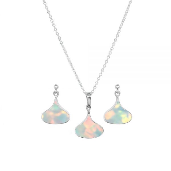 White Gold Opalite Sun Ice Pendant and Earring Set