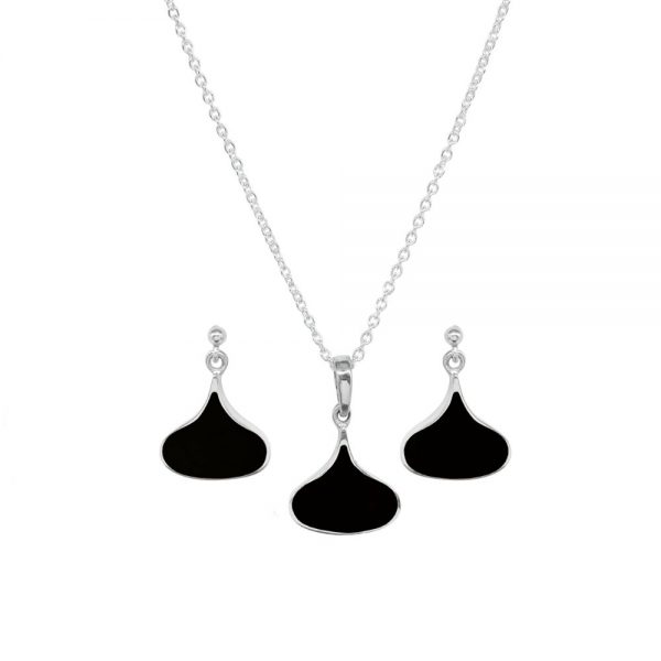 White Gold Whitby Jet Pendant and Earring Set