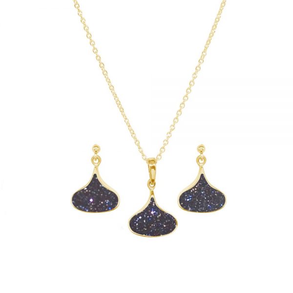 Yellow Gold Blue Goldstone Pendant and Earring Set
