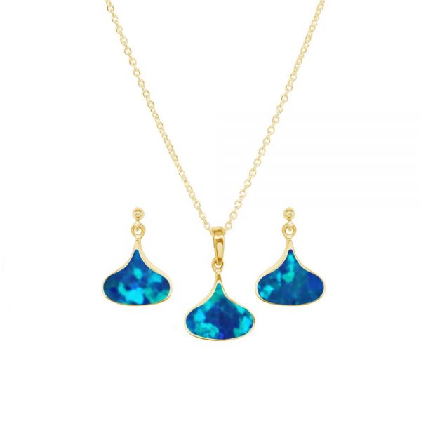 Yellow Gold Opalite Cobalt Blue Pendant and Earring Set