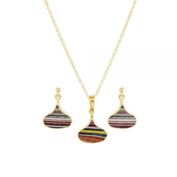 Yellow Gold Fordite Pendant and Earring Set