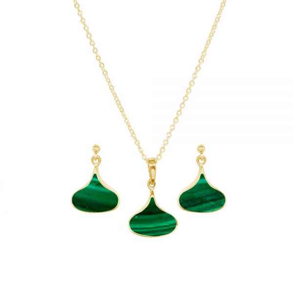 Yellow Gold Malachite Pendant and Earring Set