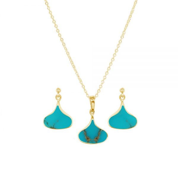 Yellow Gold Turquoise Pendant and Earring Set