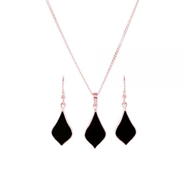 Rose Gold Whitby Jet Pendant and Earring Set