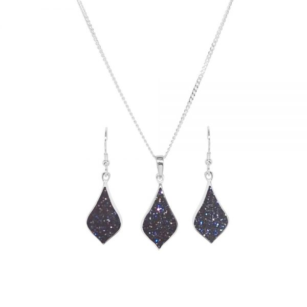 Silver Blue Goldstone Pendant and Earring Set