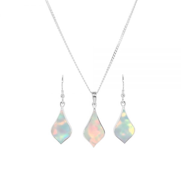 White Gold Opalite Sun Ice Pendant and Earring Set