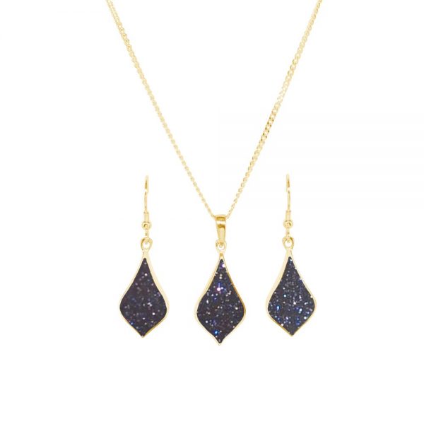 Yellow Gold Blue Goldstone Pendant and Earring Set