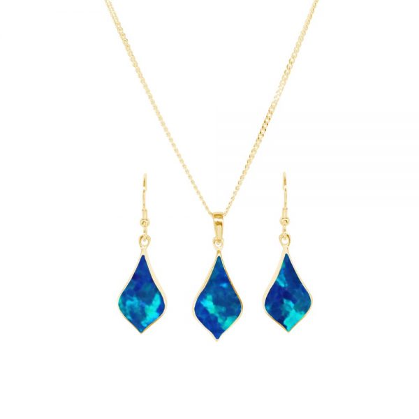 Yellow Gold Opalite Cobalt Blue Pendant and Earring Set