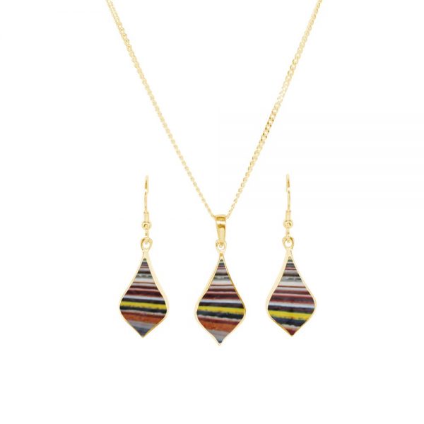 Yellow Gold Fordite Pendant and Earring Set