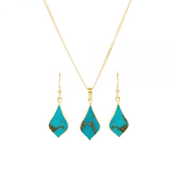 Yellow Gold Turquoise Pendant and Earring Set