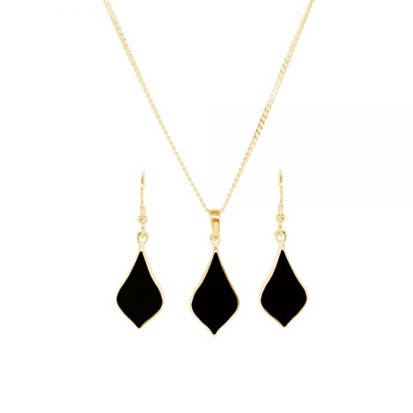 Yellow Gold Whitby Jet Pendant and Earring Set