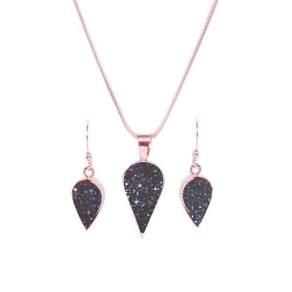 Rose Gold Blue Goldstone Pendant and Earrings Set