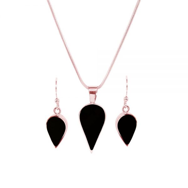 Rose Gold Whitby Jet Pendant and Earrings Set