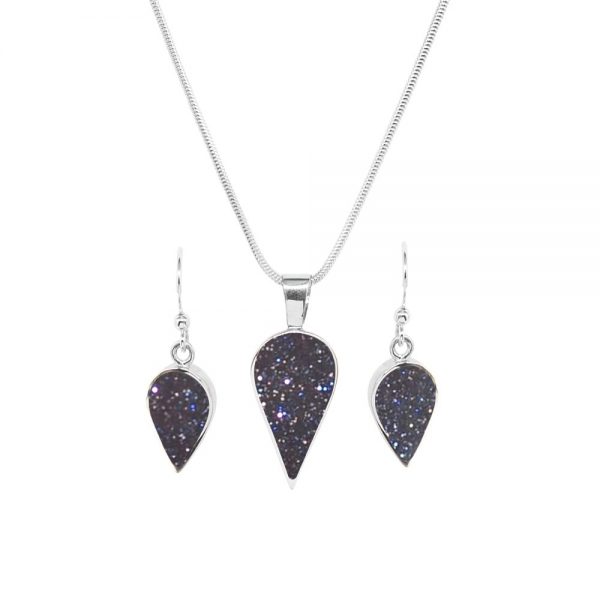 Silver Blue Goldstone Pendant and Earrings Set