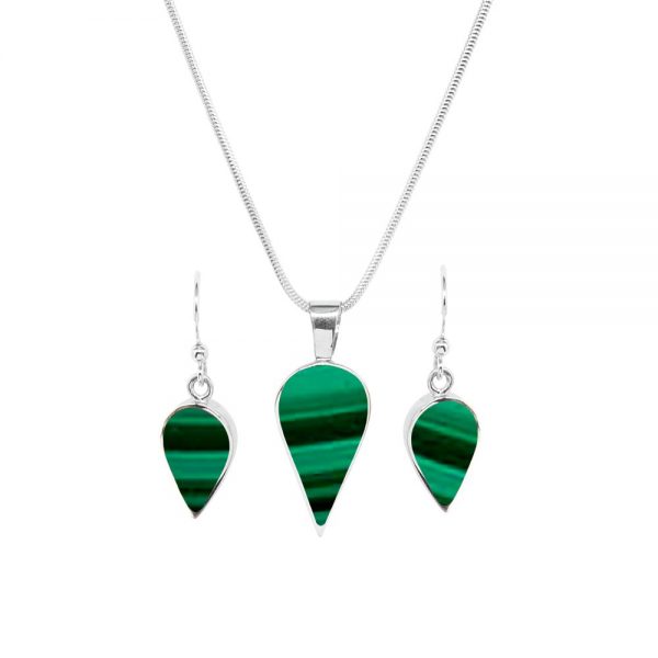 Silver Malachite Pendant and Earrings Set