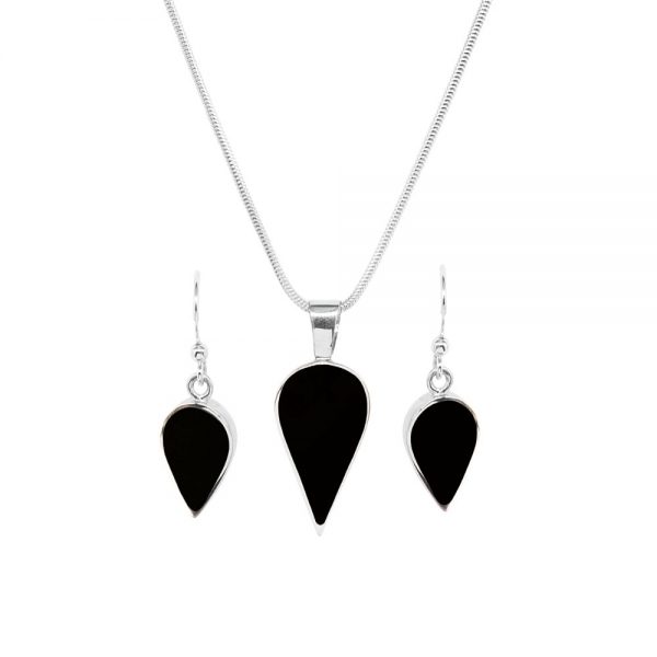 Silver Whitby Jet Pendant and Earrings Set