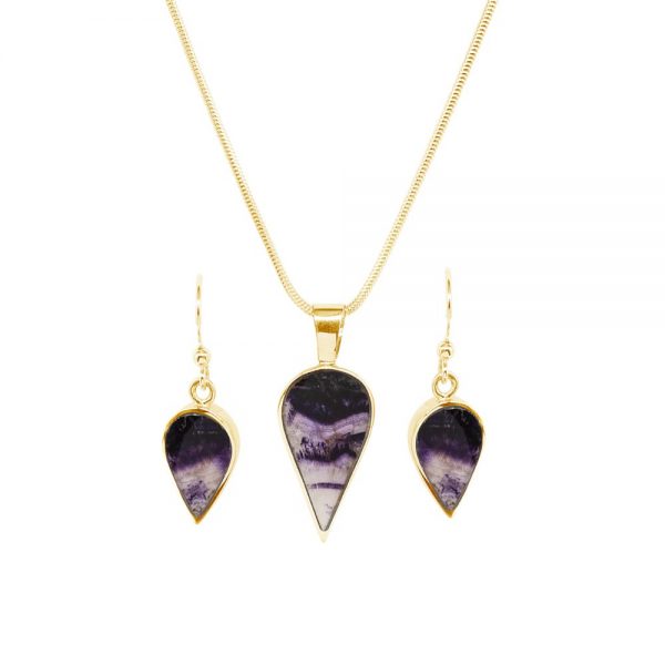 Yellow Gold Blue John Pendant and Earrings Set