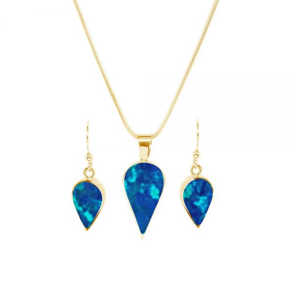 Yellow Gold Opalite Cobalt Blue Pendant and Earrings Set