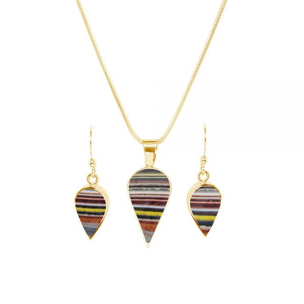 Yellow Gold Fordite Pendant and Earrings Set