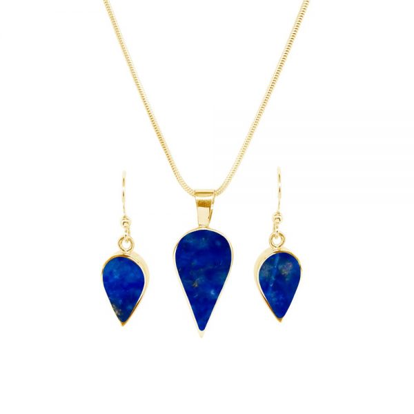 Yellow Gold Lapis Pendant and Earrings Set