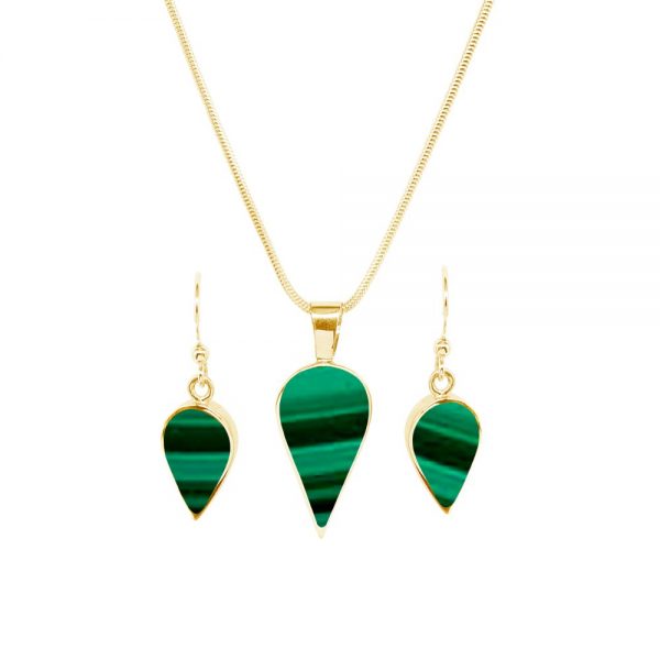 Yellow Gold Malachite Pendant and Earrings Set