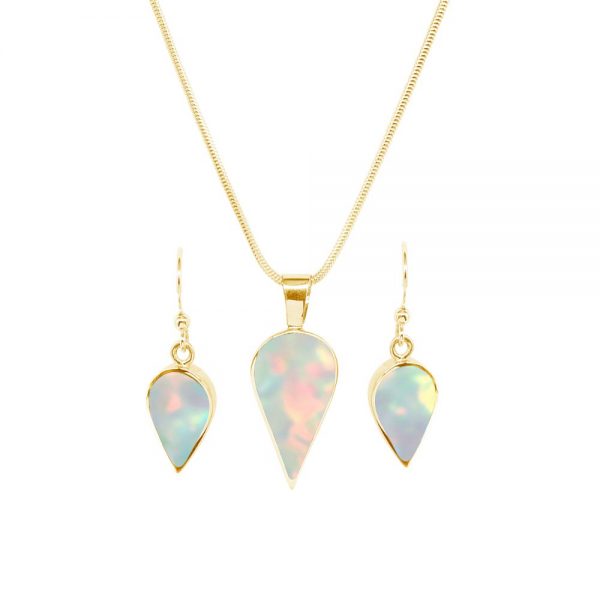 Yellow Gold Opalite Sun Ice Pendant and Earrings Set