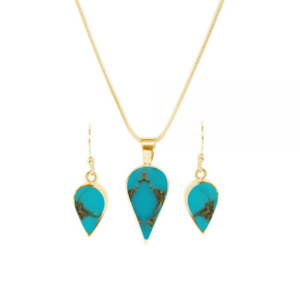 Yellow Gold Turquoise Pendant and Earrings Set
