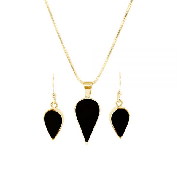 Yellow Gold Whitby Jet Pendant and Earrings Set