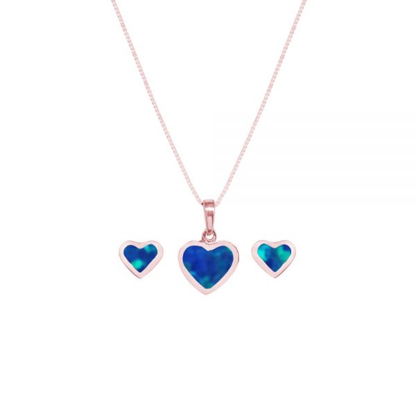 Rose Gold Opalite Cobalt Blue Heart Shaped Pendant and Earring Set